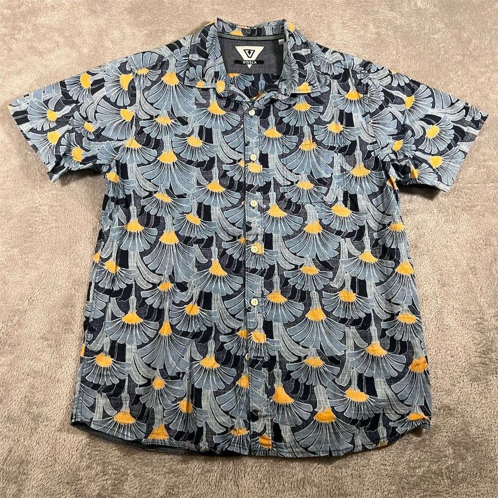 Vissla Shirt Mens Medium Blue Floral Short Sleeve Button-Up Collared Casual